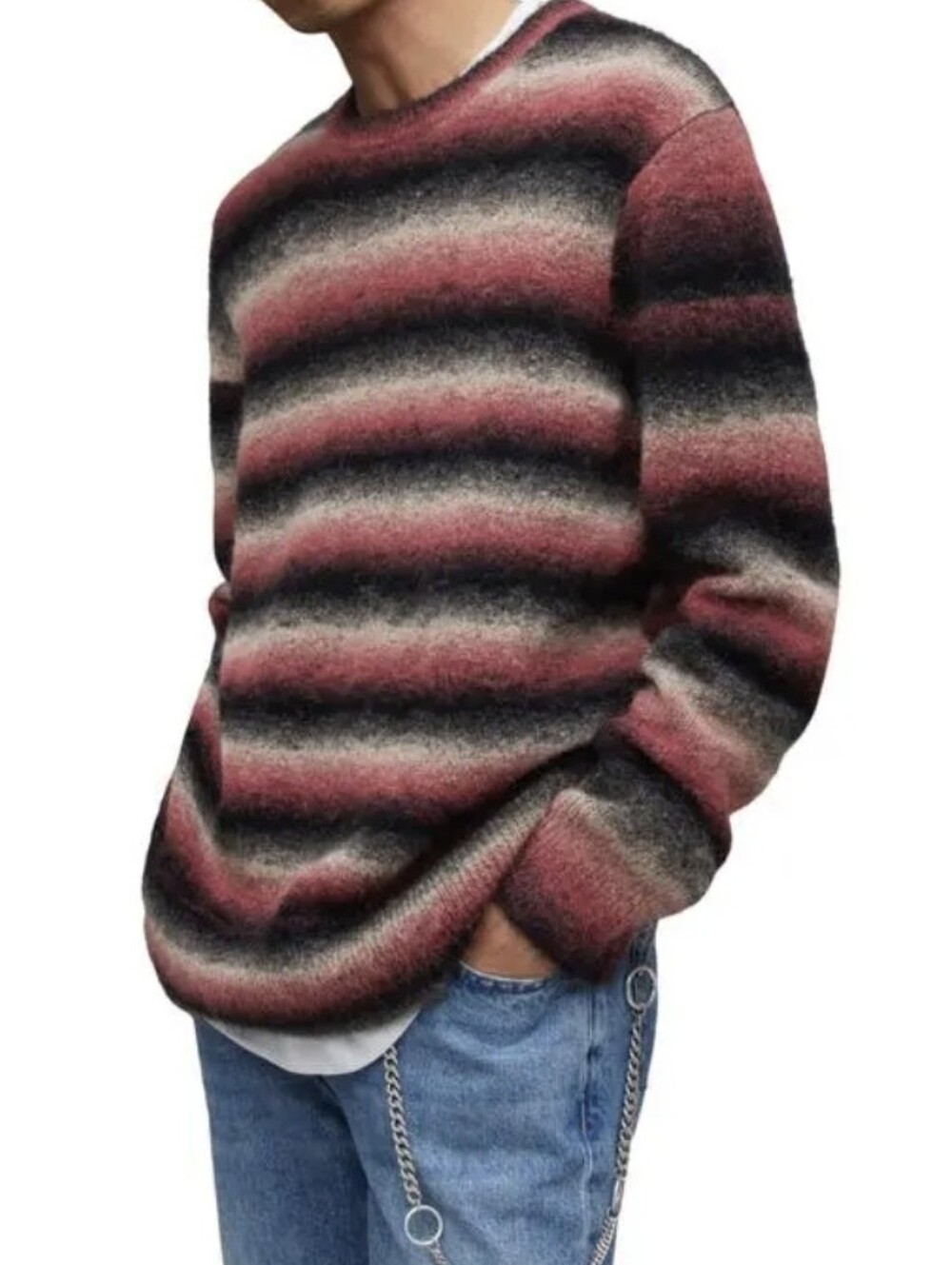 AllSaints Men's Aurora Fluffy Relaxed Crewneck Swater Wool Blend Size Large